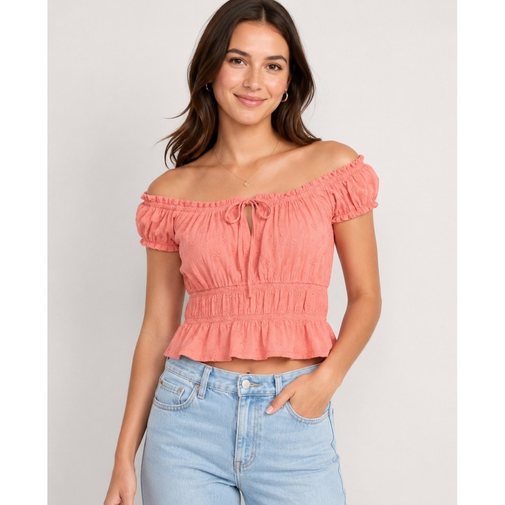 Old Navy‎ Milkmaid Peplum Top Small Coral Pink Eyelet Off Shoulder NWT Boho VTG